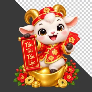 File PNG - Tượng chú dê đỏ ngồi trong thỏi vàng lớn cầm cuộn thư Tấn Tài Tấn Lộc và lì xì