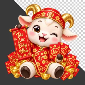 File PNG - Chú dê đỏ ngồi giữa lì xì và thỏi vàng cầm cuộn thư Tài Lộc Đầy Nhà