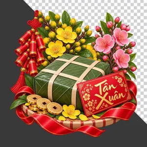 Mẹt bánh chưng hoa mai hoa đào pháo đỏ bao lì xì Tân Xuân và tiền cổ