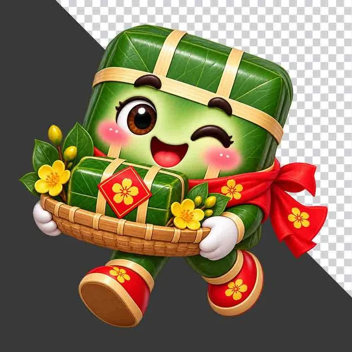 File PNG - Bánh chưng bưng giỏ bánh chưng nhỏ và hoa mai vàng rực rỡ ngày Tết