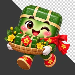 File PNG - Bánh chưng bưng giỏ bánh chưng nhỏ và hoa mai vàng rực rỡ ngày Tết   