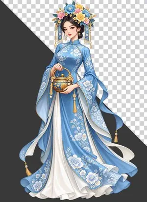 File PNG - Thiếu nữ mặc cổ phục xanh dương bưng ấm trà   