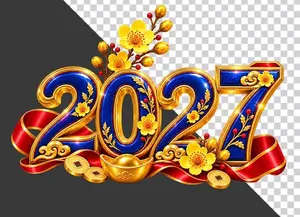 File PNG - Hình ảnh chữ số 2027 xanh dương viền vàng trang trí hoa mai vàng và thỏi vàng chào năm mới