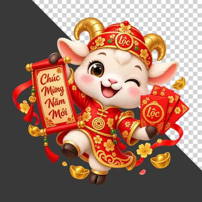 File PNG - Chú dê đỏ đội mũ chữ Lộc cầm cuộn thư Chúc Mừng Năm Mới và bao lì xì