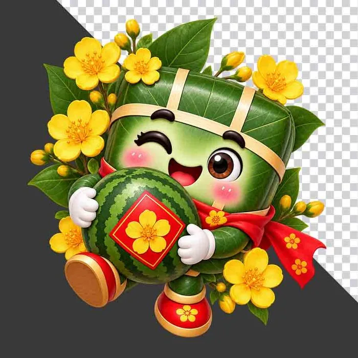 Nhân vật hoạt hình bánh chưng ôm dưa hấu hoa mai vàng rực rỡ - File PNG