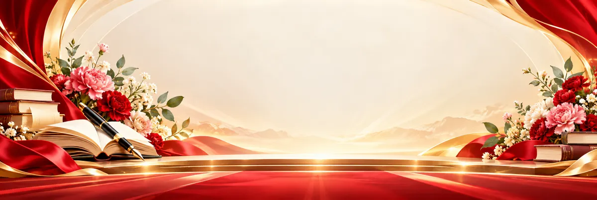 Backdrop sân khấu khai giảng bục đỏ hoa sách vòm lụa đỏ vàng - File JPG