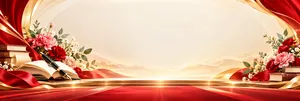 Backdrop sân khấu khai giảng bục đỏ hoa sách vòm lụa đỏ vàng - File JPG