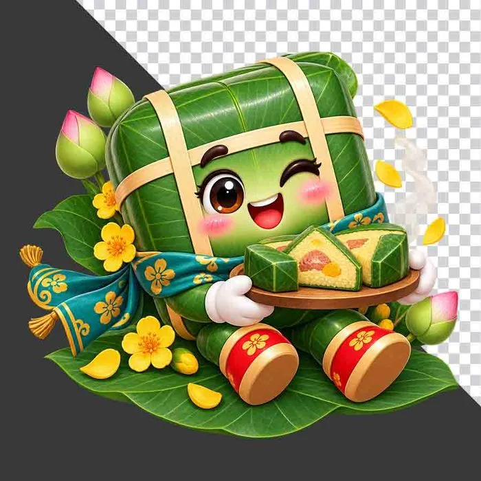 File PNG - Nhân vật hoạt hình bánh chưng bưng đĩa bánh chưng cắt miếng hoa sen