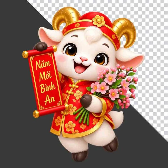 File PNG - Tượng chú dê đỏ ôm cành hoa đào và cuộn thư Năm Mới Bình An