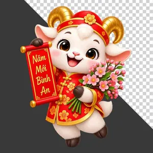 File PNG - Tượng chú dê đỏ ôm cành hoa đào và cuộn thư Năm Mới Bình An