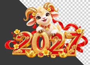 Hình ảnh chú dê vàng bên chữ số 2027 đỏ trang trí hoa mai - File PNG