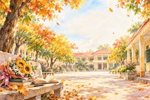 Sân trường mùa thu lá vàng bó hoa sách - File JPG