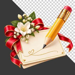 File PNG - Bút chì viết thiệp hoa trắng và ruy băng đỏ 20 tháng 11   