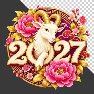 Hình ảnh đầu dê trắng và chữ số 2027 hoa mẫu đơn vàng - File PNG