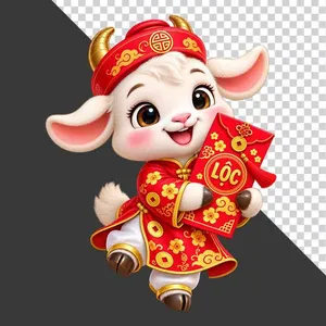 Tượng chú dê đỏ cầm bao lì xì chữ Lộc tài lộc - File PNG