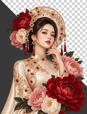 File PNG - Thiếu nữ mặc cổ phục vàng kim đính đá đỏ đội khăn vành dây hoa mẫu đơn