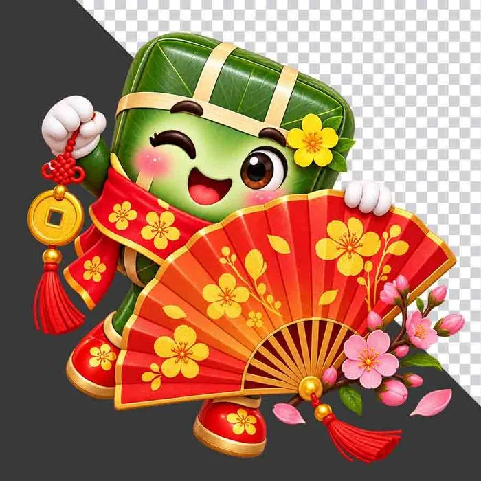 File PNG - Nhân vật hoạt hình bánh chưng cầm quạt xếp đỏ hoa mai tiền vàng tài lộc