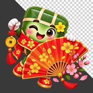 File PNG - Nhân vật hoạt hình bánh chưng cầm quạt xếp đỏ hoa mai tiền vàng tài lộc