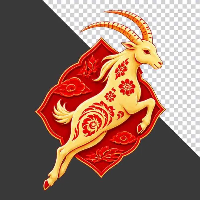 Hình ảnh chú dê vàng phong cách hoa văn truyền thống trang trí Tết - File PNG