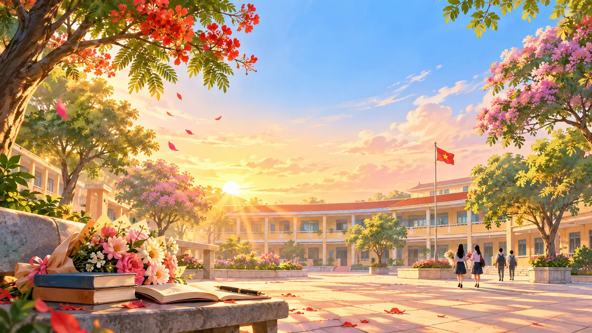 File JPG - Sân trường hoàng hôn hoa phượng hoa bằng lăng