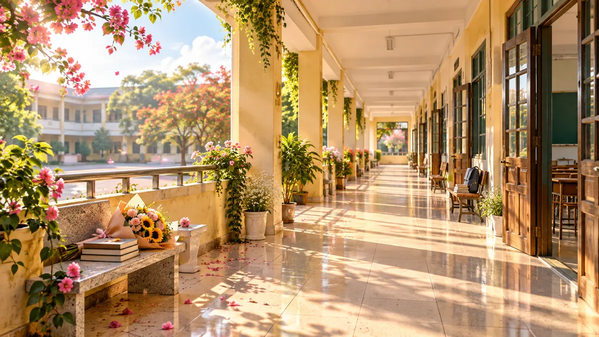 Hành lang trường học nắng mai hoa giấy ghế đá  - File JPG