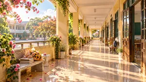 Hành lang trường học nắng mai hoa giấy ghế đá  - File JPG