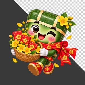 Bánh chưng bưng giỏ hoa mai lì xì đỏ rực rỡ chào xuân ngày Tết  - File PNG