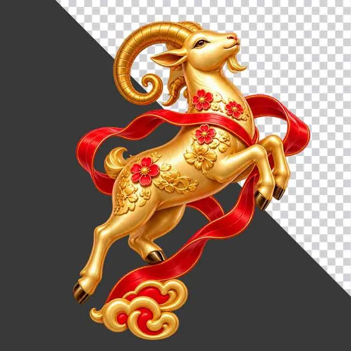File PNG - Tượng dê vàng phi nước đại dải lụa đỏ mây vàng