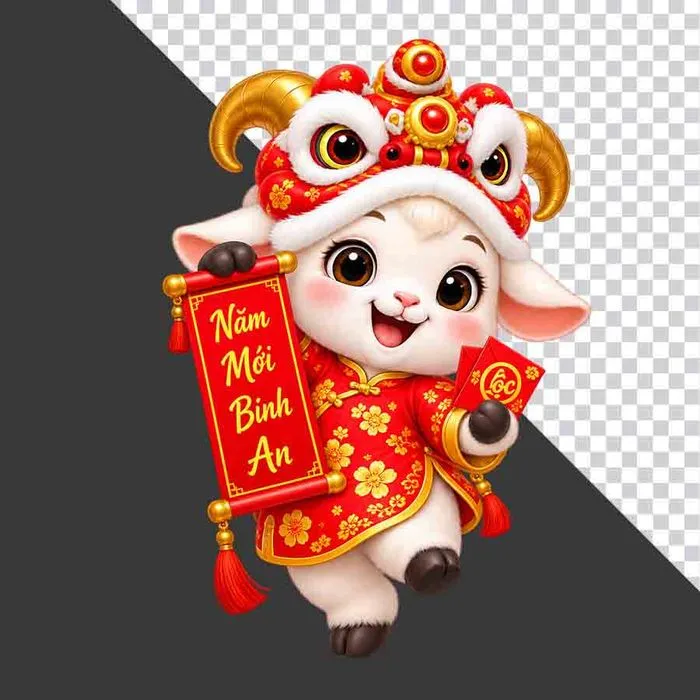 Tượng chú dê đỏ đội đầu lân cầm cuốn thư Năm Mới Bình An và bao lì xì - PNG