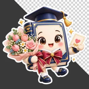 File PNG - Nhân vật cuốn sách hoạt hình đội mũ cử nhân ôm bó hoa và thiệp chào mừng 20/11