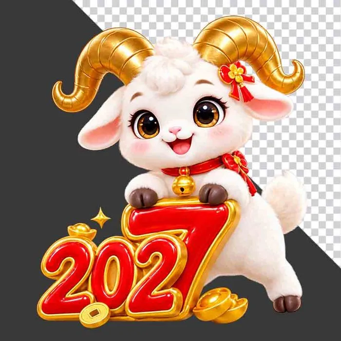Hình ảnh chú dê hoạt hình dễ thương ôm chữ số 2027 chào năm mới - File PNG