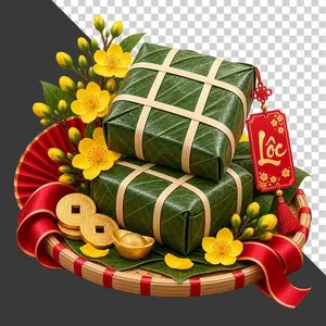 File PNG - Mẹt bánh chưng đôi hoa mai thẻ chữ Lộc thỏi vàng và tiền cổ