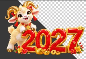 File PNG - Hình ảnh chú dê vàng đứng cạnh chữ số 2027 đỏ vàng