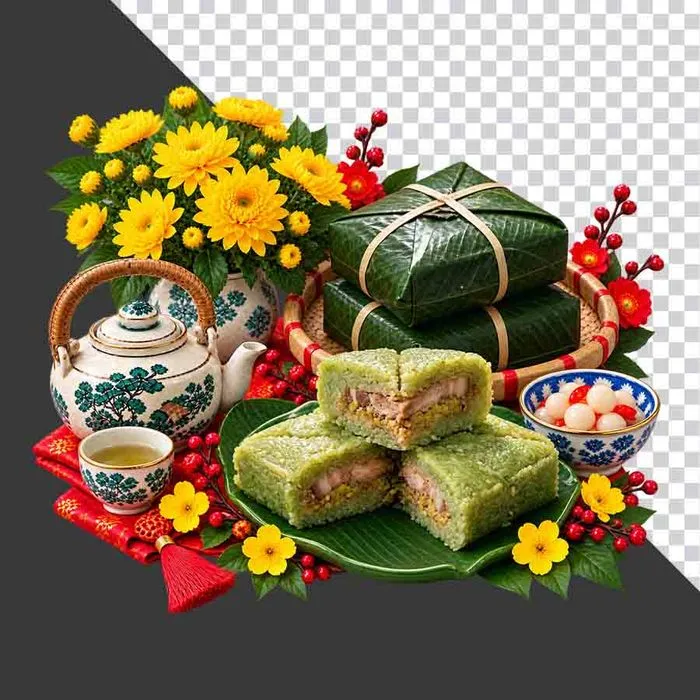 File PNG - Mẹt bánh chưng đôi cắt miếng hoa cúc vàng ấm chén và dưa hành ngày Tết