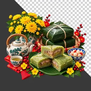 File PNG - Mẹt bánh chưng đôi cắt miếng hoa cúc vàng ấm chén và dưa hành ngày Tết