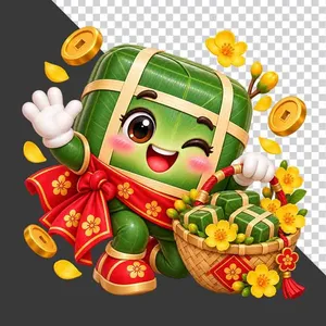 File PNG - Bánh chưng vẫy tay cầm giỏ bánh chưng hoa mai đồng tiền vàng