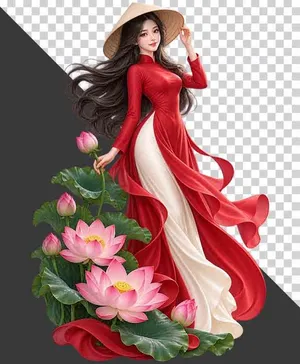 Thiếu nữ mặc áo dài đỏ đội nón lá cầm hoa sen bên đầm sen - PNG