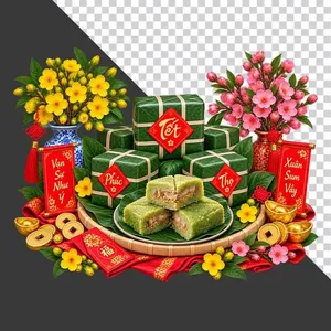 Mâm cỗ Tết sum vầy với bánh chưng dán chữ hoa mai và hoa đào vàng - File PNG