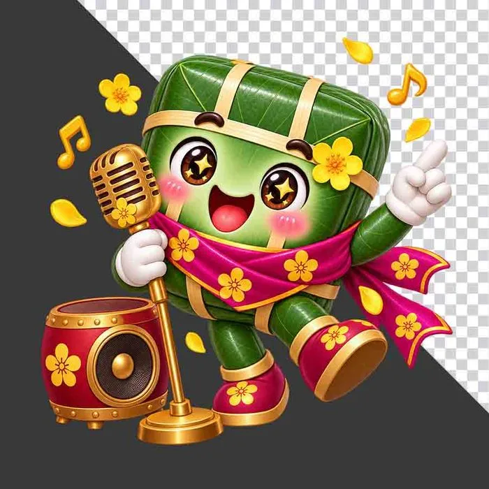 Bánh chưng cầm micro hát karaoke loa trống hội xuân hoa mai - File PNG