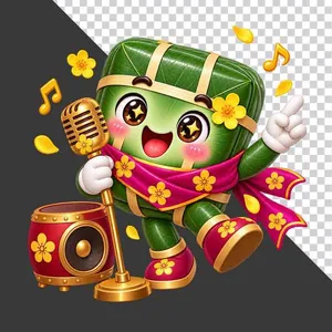 Bánh chưng cầm micro hát karaoke loa trống hội xuân hoa mai - File PNG