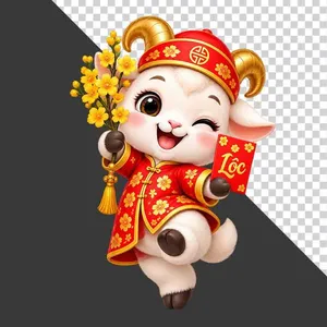 Tượng chú dê đỏ nháy mắt cầm cành hoa mai vàng và bao lì xì chữ Lộc - PNG
