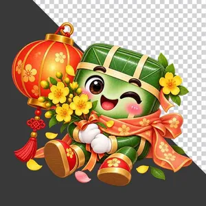 Bánh chưng ngồi cạnh lồng đèn đỏ ôm nhánh hoa mai vàng ngày Tết - File PNG