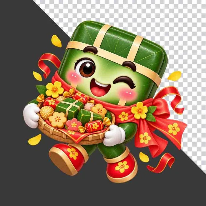 Bánh chưng bưng mâm bánh kẹo Tết hoa mai rực rỡ - File PNG