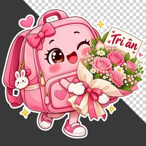 File PNG - Ba lô học sinh hồng nháy mắt ôm bó hoa hồng và thiệp Tri ân 20 tháng 11