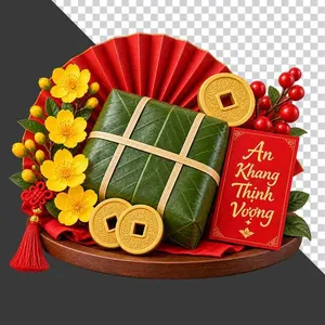File PNG - Mâm quà Tết bánh chưng quạt đỏ đồng xu và câu đối An Khang Thịnh Vượng