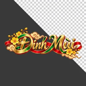 File PNG - Chữ Đinh Mùi 3D ngang viền xanh hoa mai vàng lụa đỏ ngày Tết   
