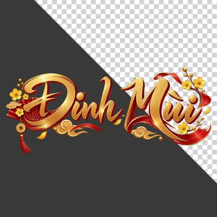 Chữ Đinh Mùi 3D ngang hoa mai vàng lụa đỏ đồng tiền ngày Tết  - PNG
