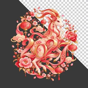 File PNG - Hình ảnh chú dê hồng phấn và chữ số 2027 hoa đào lồng đèn