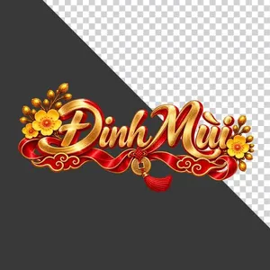 Chữ Đinh Mùi 3D ngang hoa mai vàng lụa đỏ đồng tiền ngày Tết - File PNG