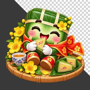 Bánh chưng ngồi mâm tre thưởng thức miếng bánh chưng cắt lát và chén trà hoa mai vàng ngày Tết - File PNG